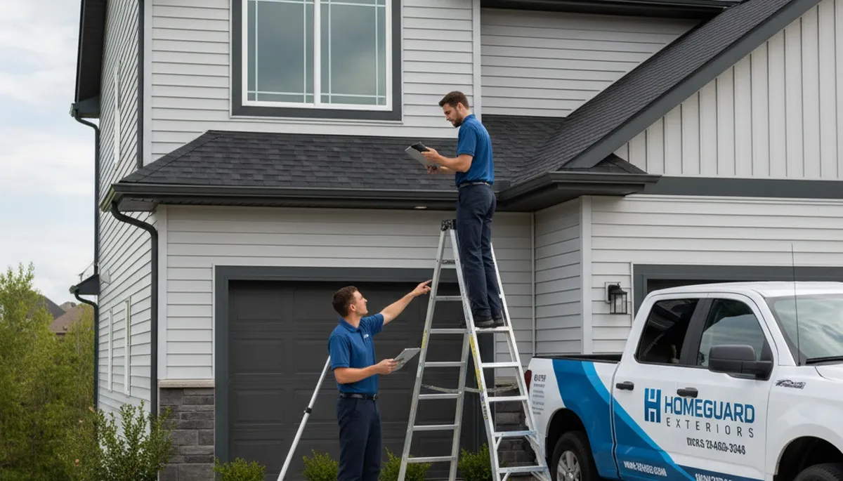 Technician performing gutter inspection on vinyl siding home in Shreveport, LA