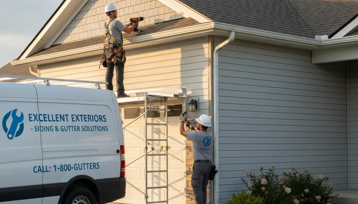 Technician repairing damaged gutter on Shreveport LA home exterior with vinyl siding