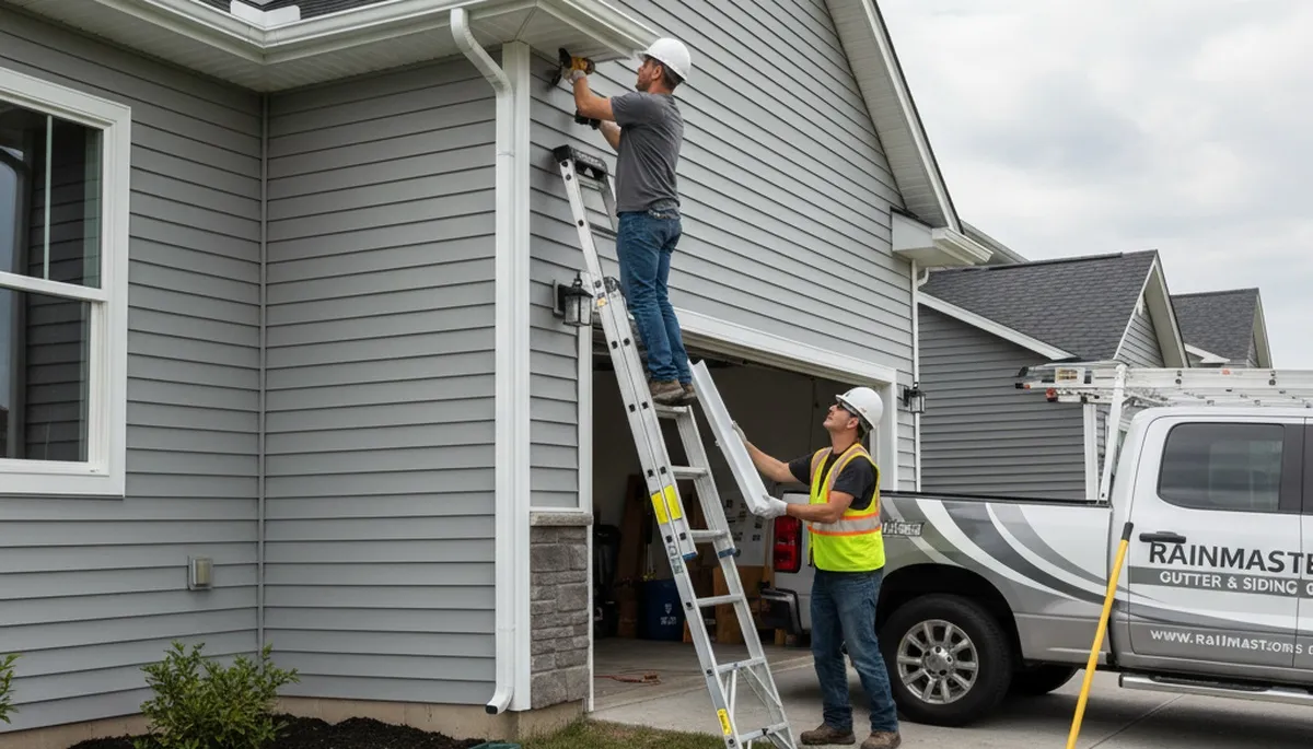 Technician repairing home gutters and vinyl siding in Shreveport, LA for Next Level Exteriors