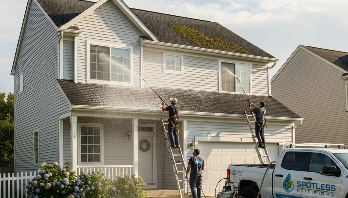 Professional roof cleaning service in Shreveport, LA by Next Level Exteriors removing moss and debris