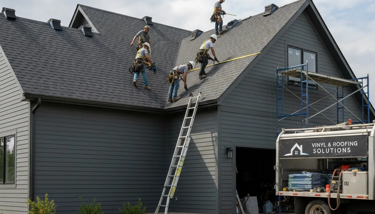 Roof installation crew working on vinyl-sided home in Shreveport, LA
