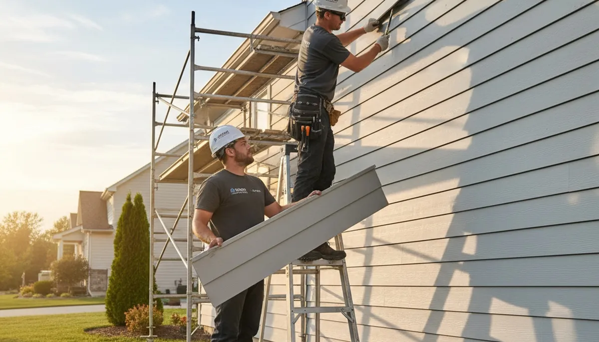 Technician repairing damaged vinyl siding on Shreveport LA home exterior by Next Level Exteriors